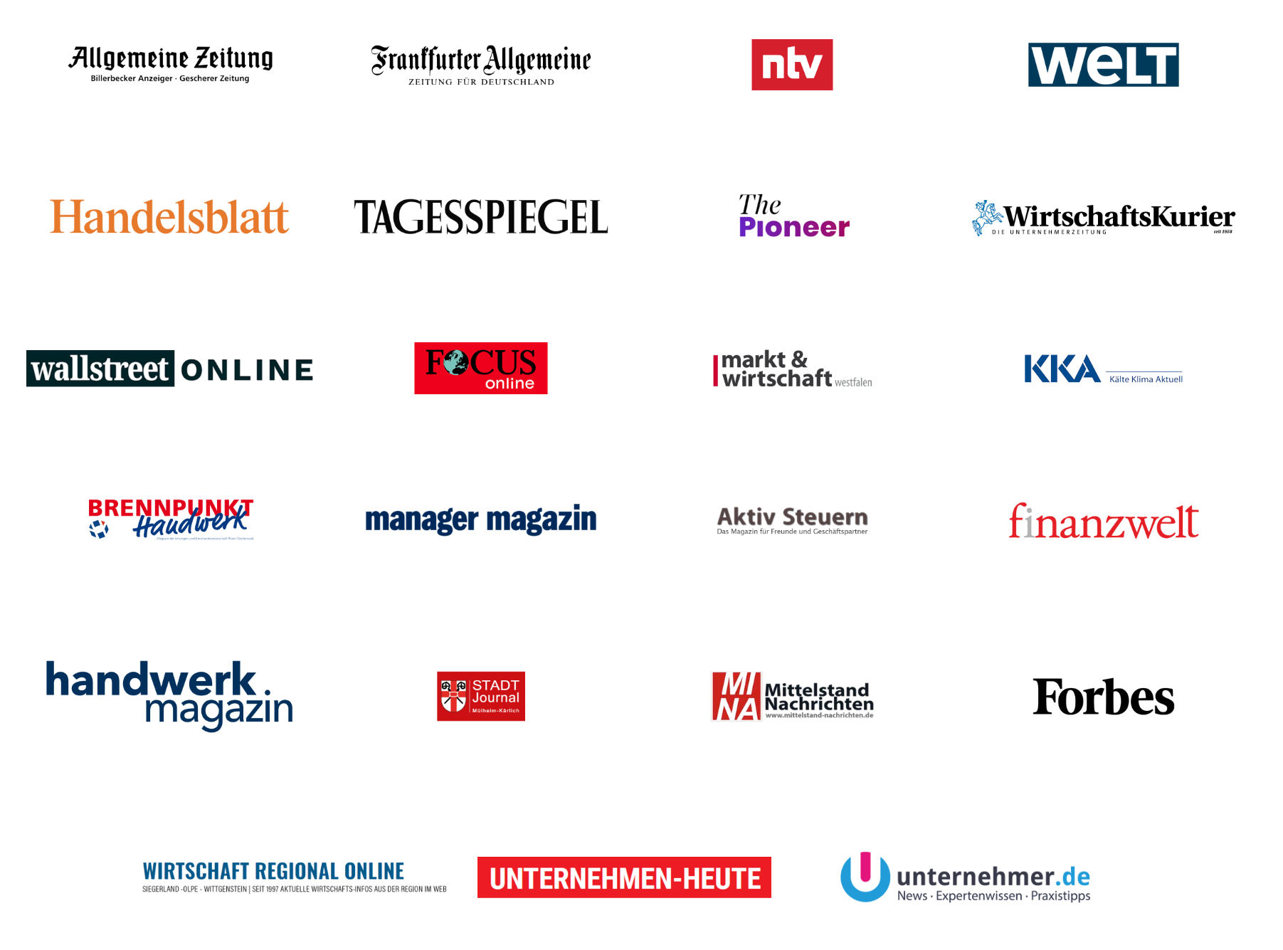 Presse-Logos: Frankfurter Allgemeine, Handelsblatt, ntv, WELT, Tagesspiegel, The Pioneer, WirtschaftsKurier, Focus Online, Manager Magazin, Forbes, Handwerk Magazin und weitere